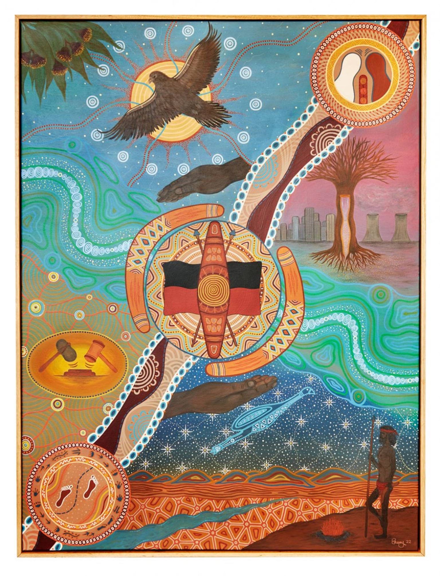 Artwork featuring Aboriginal hunter, Bunjil, Ancestral beings and symbols relating to Treaty.